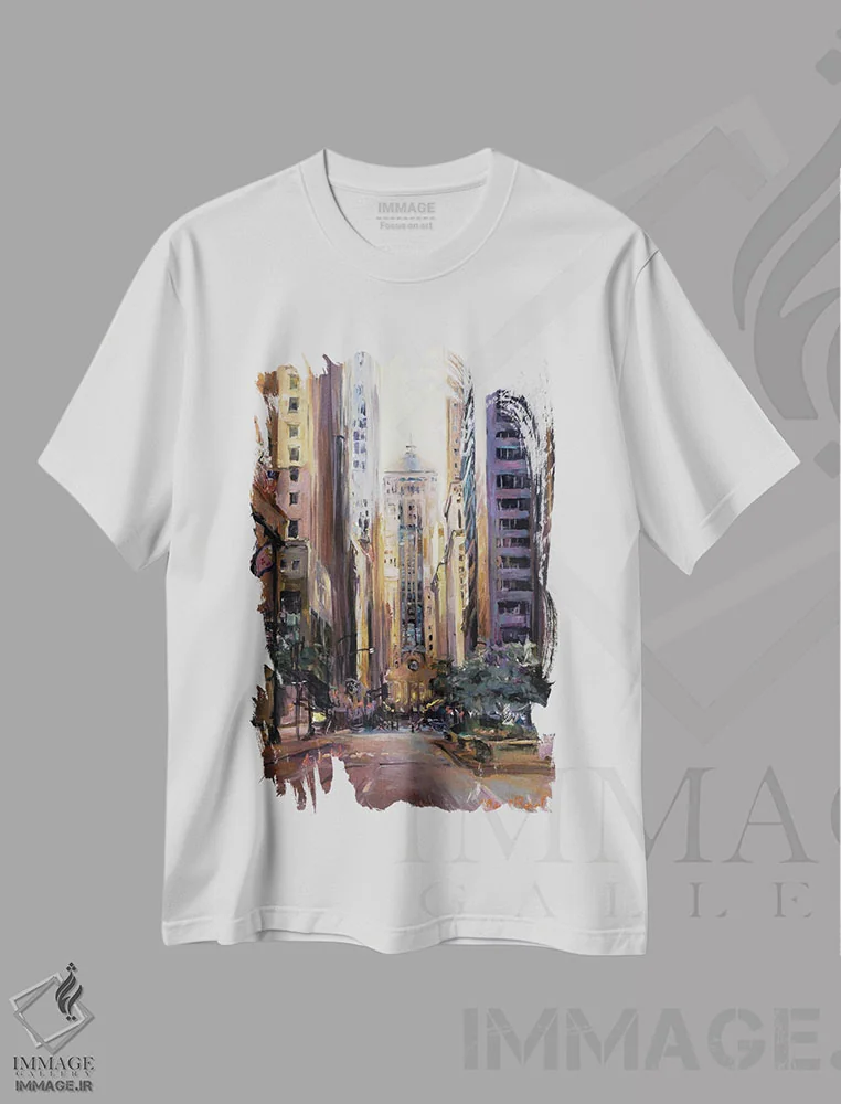 تیشرت سفید طرح دار نگاه به پایین خیابان لاصال، تزئینی اثر مریلین هاگمن | فروشگاه ایماژ