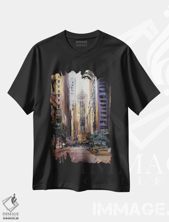 تیشرت مشکی طرح دار نگاه به پایین خیابان لاصال، تزئینی اثر مریلین هاگمن | immage.ir