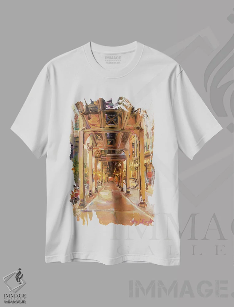 تیشرت سفید طرح دار زیر خط قطار شهری، تزئینی اثر مریلین هاگمن | immage.ir