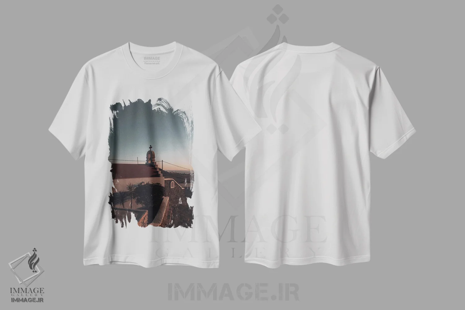 تیشرت سفید طرح دار کلیسای غروب، دکور معاصر اثر سباستین هیلگتاگ | فروشگاه ایماژ