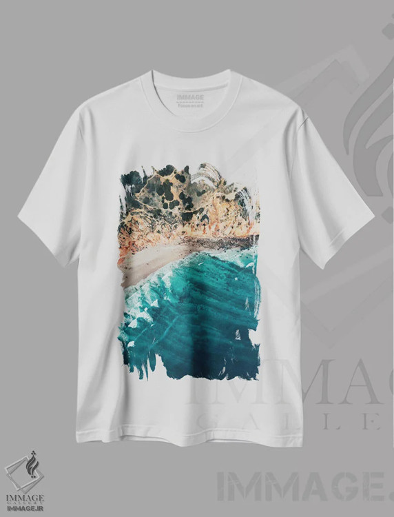 تیشرت سفید طرح دار ساحل رویایی ۲، سواحل از نمای بالا اثر سباستین هیلگتاگ | فروشگاه ایماژ