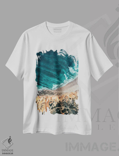 تیشرت سفید طرح دار ساحل رویایی، سواحل از نمای بالا اثر سباستین هیلگتاگ | فروشگاه ایماژ