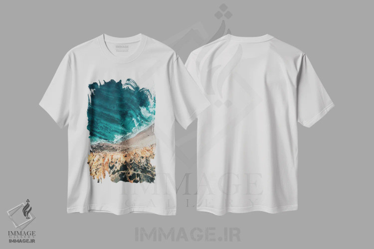 تیشرت سفید طرح دار ساحل رویایی، سواحل از نمای بالا اثر سباستین هیلگتاگ | فروشگاه ایماژ