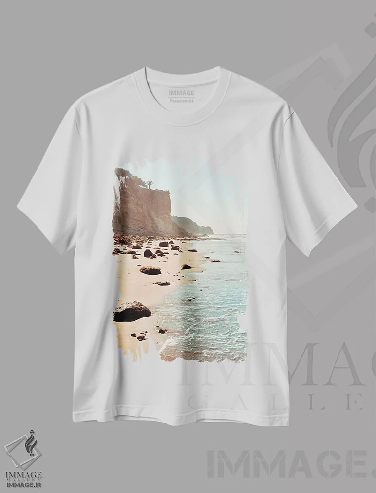 تیشرت سفید طرح دار امواج ابتدایی، دکور ساحلی اثر سباستین هیلگتاگ | فروشگاه ایماژ
