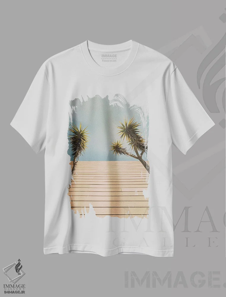 تیشرت سفید طرح دار نخل های رترو، تزئینی اثر سباستین هیلگتاگ | فروشگاه ایماژ