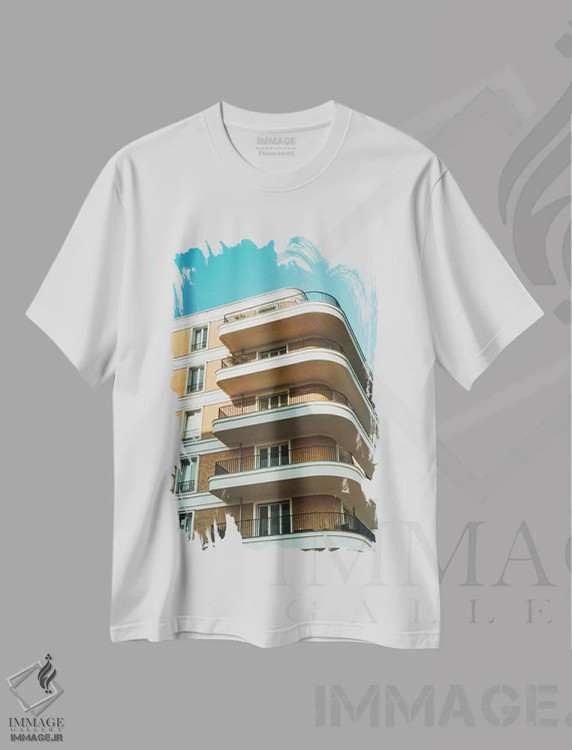 تیشرت سفید طرح دار ساختمان آفتاب خورده، عکاسی هنری فاخر اثر سباستین هیلگتاگ | فروشگاه ایماژ