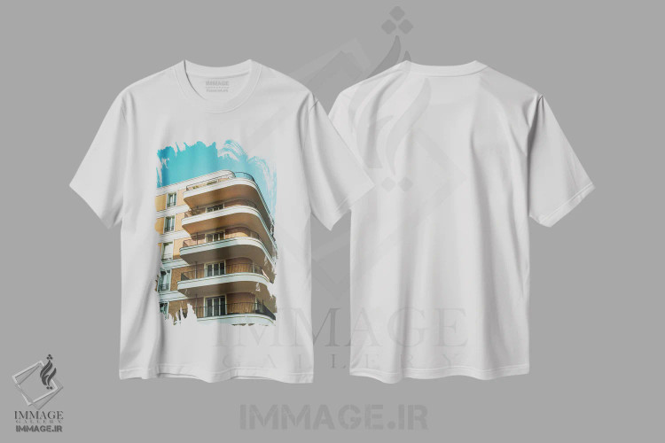تیشرت سفید طرح دار ساختمان آفتاب خورده، عکاسی هنری فاخر اثر سباستین هیلگتاگ | فروشگاه ایماژ