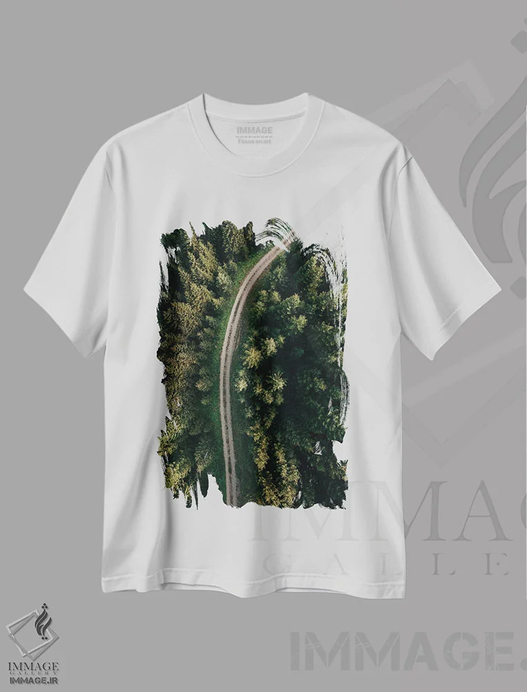 تیشرت سفید طرح دار مسیر جنگلی، عکاسی هوایی اثر سباستین هیلگتاگ | فروشگاه ایماژ