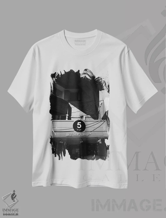 تیشرت سفید طرح دار کافی شاپ، هنر تزئینی سیاه و سفید اثر سباستین هیلگتاگ | فروشگاه ایماژ