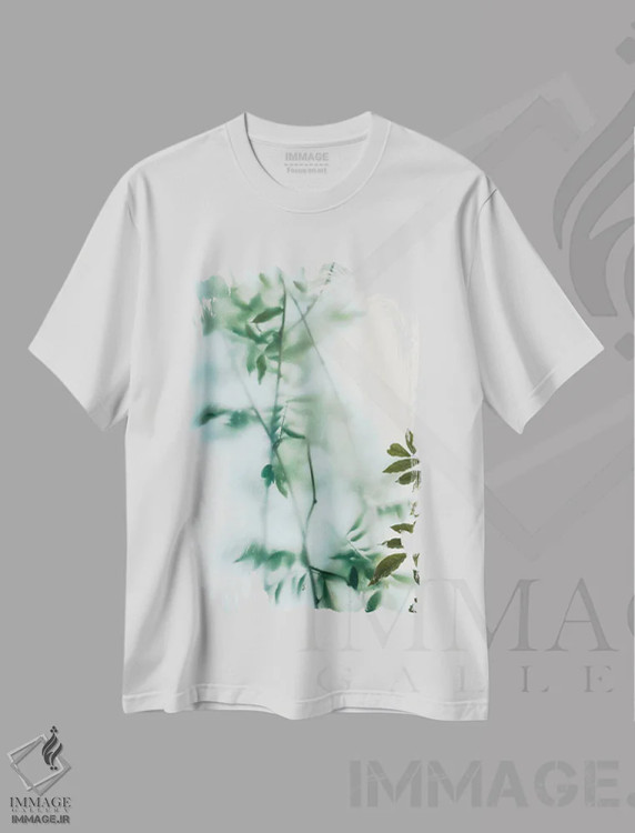 تیشرت سفید طرح دار برگ ها و شیشه یخ زده، تزئینی اثر سباستین هیلگتاگ | فروشگاه ایماژ