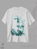 تیشرت سفید طرح دار برگ های آبی روی شیشه یخ زده، تزئینی اثر سباستین هیلگتاگ | فروشگاه ایماژ