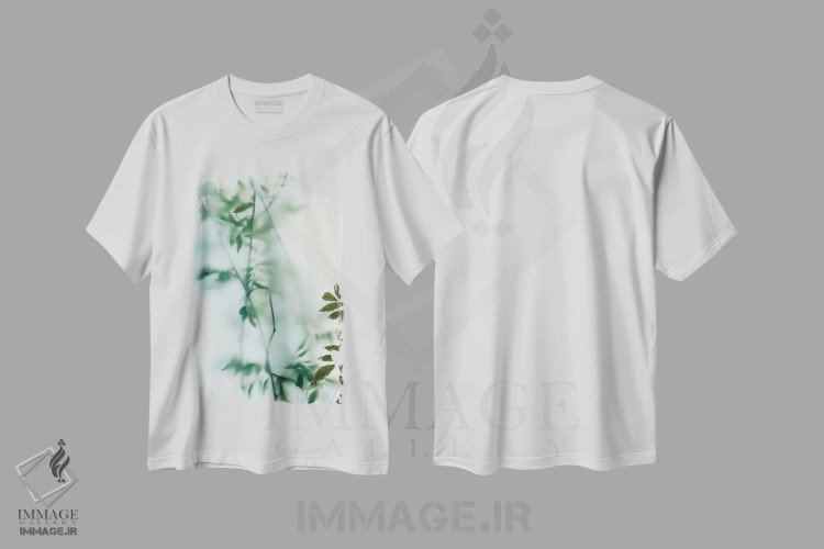 تیشرت سفید طرح دار برگ ها و شیشه یخ زده، تزئینی اثر سباستین هیلگتاگ | فروشگاه ایماژ