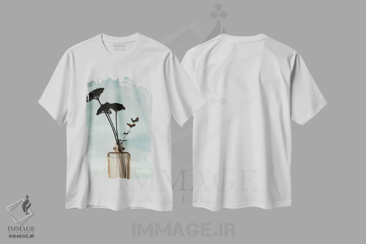 تیشرت سفید طرح دار گل ها در بطری، تزئینی اثر سباستین هیلگتاگ | فروشگاه ایماژ
