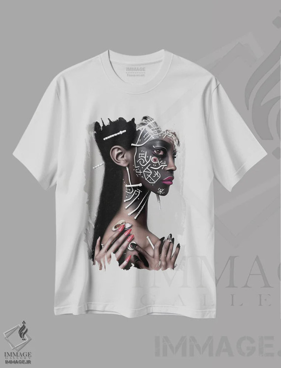 تیشرت سفید طرح دار فراانسان گرایی چندعشقی ۱، هنر آمریکایی آفریقایی تبار اثر هیوگو والنتاین | فروشگاه ایماژ