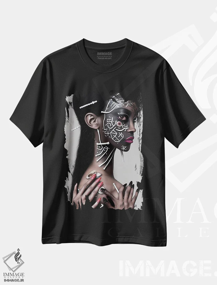 تیشرت مشکی طرح دار فراانسان گرایی چندعشقی ۱، هنر آمریکایی آفریقایی تبار اثر هیوگو والنتاین | immage.ir