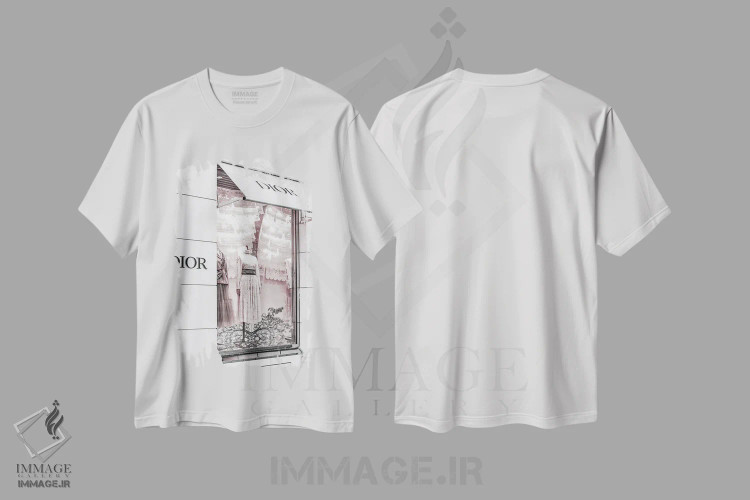 تیشرت سفید طرح دار نمایش لباس صورتی، عکاسی با رنگ های درخشان اثر هدر گری | فروشگاه ایماژ