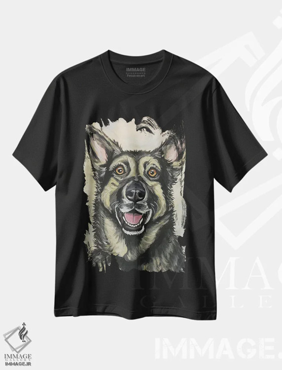 تیشرت مشکی طرح دار شفرد آلمانی روی پس زمینه کرم، هنر فاخر معاصر اثر هیپی هاوند استودیوز | immage.ir