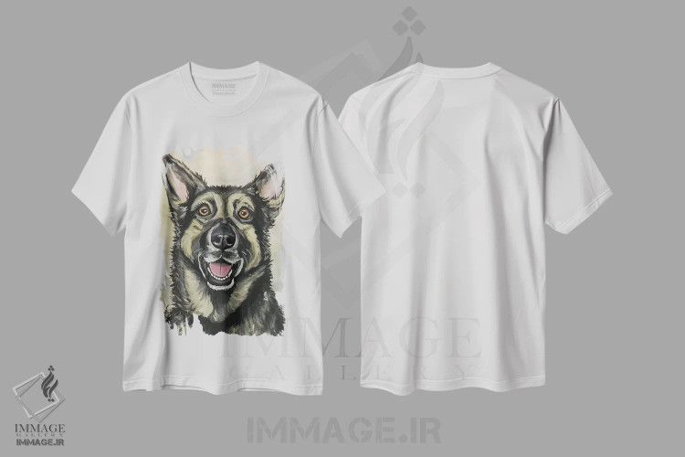 تیشرت سفید طرح دار شفرد آلمانی روی پس زمینه کرم، هنر فاخر معاصر اثر هیپی هاوند استودیوز | فروشگاه ایماژ