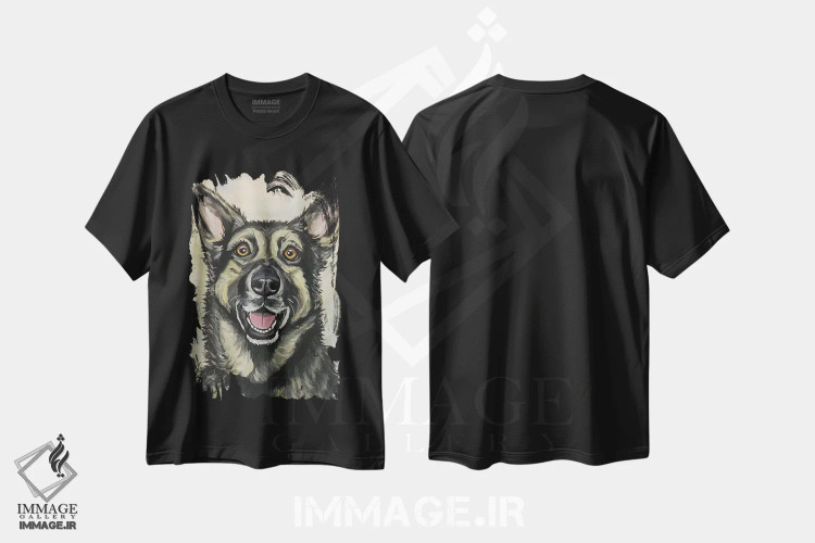 تیشرت مشکی طرح دار شفرد آلمانی روی پس زمینه کرم، هنر فاخر معاصر اثر هیپی هاوند استودیوز | immage.ir