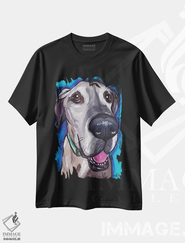 تیشرت مشکی طرح دار بو سگ دانمارکی بزرگ، هنر فاخر معاصر اثر هیپی هاوند استودیوز | فروشگاه ایماژ