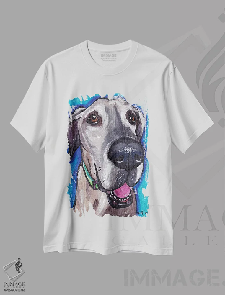 تیشرت سفید طرح دار بو سگ دانمارکی بزرگ، هنر فاخر معاصر اثر هیپی هاوند استودیوز | immage.ir