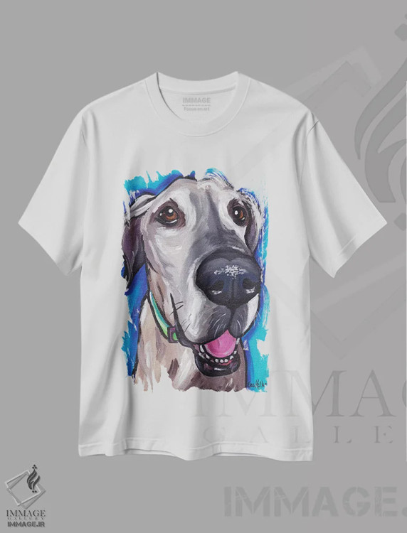 تیشرت سفید طرح دار بو سگ دانمارکی بزرگ، هنر فاخر معاصر اثر هیپی هاوند استودیوز | immage.ir