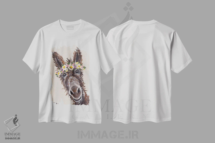 تیشرت سفید طرح دار الاغ با تاج گل، هنر فاخر معاصر اثر هیپی هاوند استودیوز | فروشگاه ایماژ