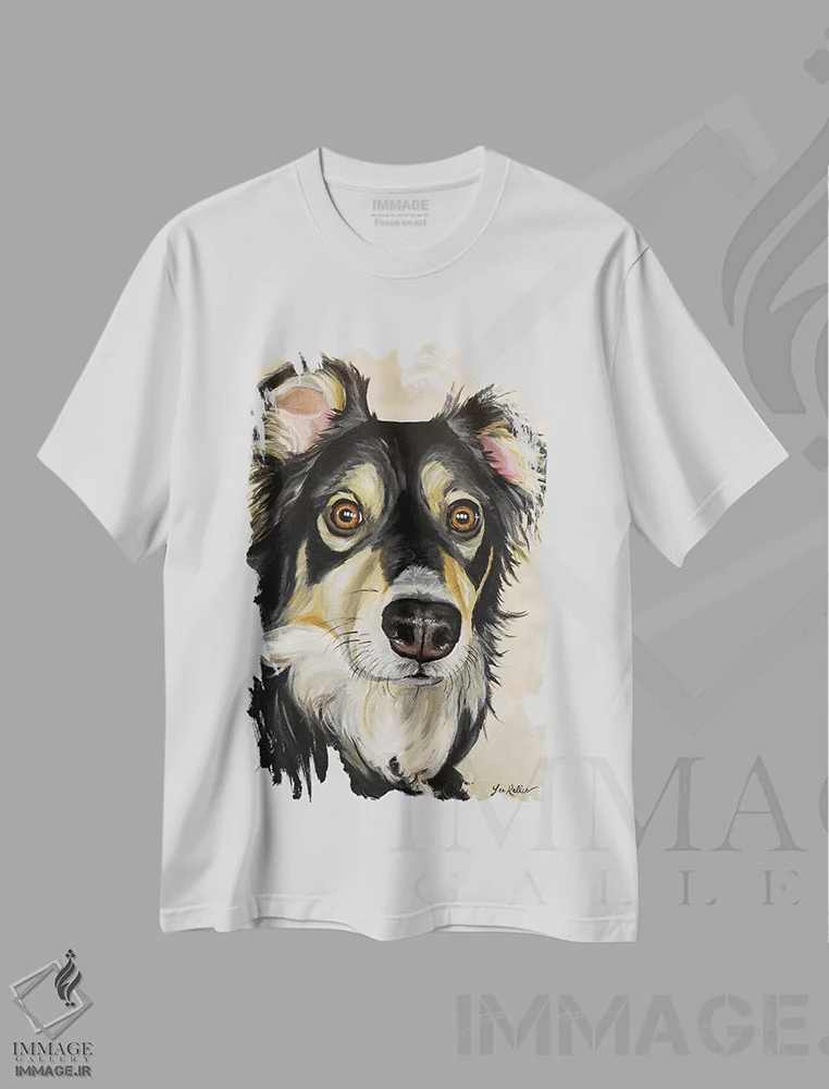 تیشرت سفید طرح دار شفرد استرالیایی سوفی، هنر فاخر معاصر اثر هیپی هاوند استودیوز | immage.ir