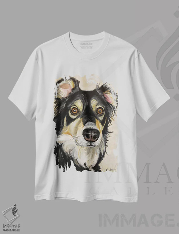 تیشرت سفید طرح دار شفرد استرالیایی سوفی، هنر فاخر معاصر اثر هیپی هاوند استودیوز | immage.ir