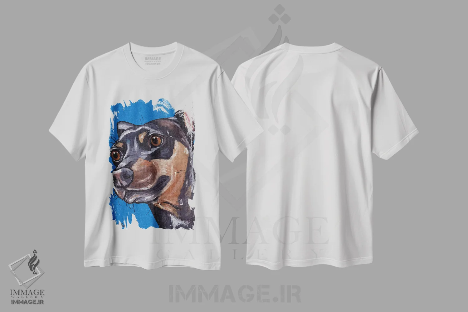 تیشرت سفید طرح دار پنلوپه مینیاتور پینچر، هنر فاخر معاصر اثر هیپی هاوند استودیوز | immage.ir