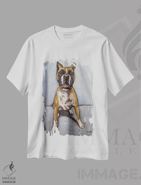 تیشرت سفید طرح دار بوکسر روی آبی، مدیوم اثر هیپی هاوند استودیوز | immage.ir