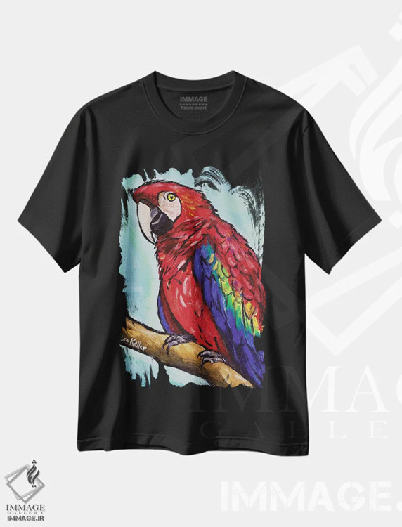 تیشرت مشکی طرح دار طوطی ماکائو، تزئینی اثر هیپی هاوند استودیوز | فروشگاه ایماژ