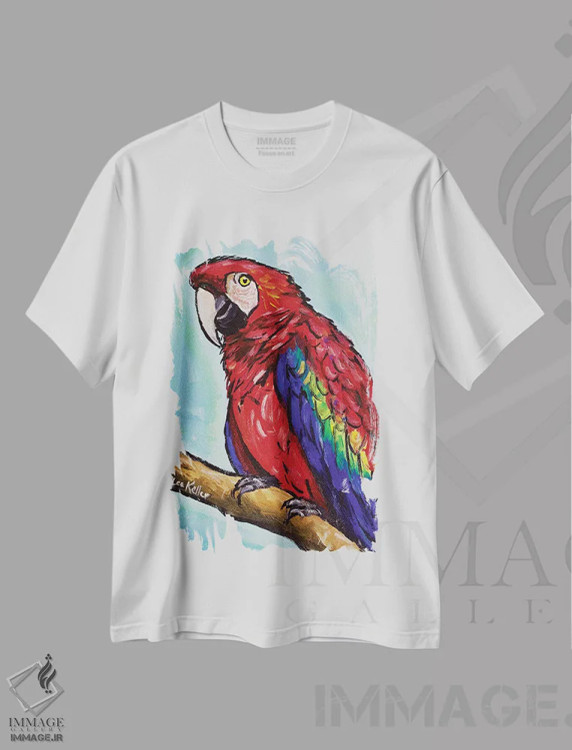 تیشرت سفید طرح دار طوطی ماکائو، تزئینی اثر هیپی هاوند استودیوز | immage.ir