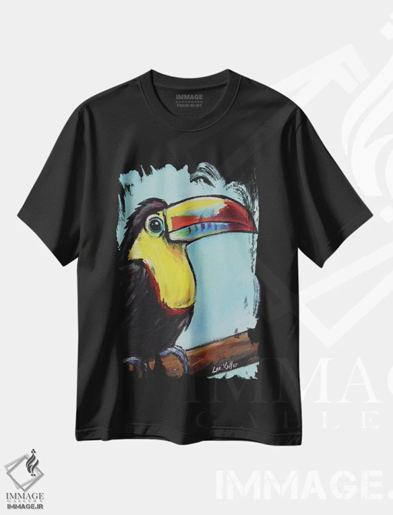 تیشرت مشکی طرح دار توکان، تزئینی اثر هیپی هاوند استودیوز | فروشگاه ایماژ