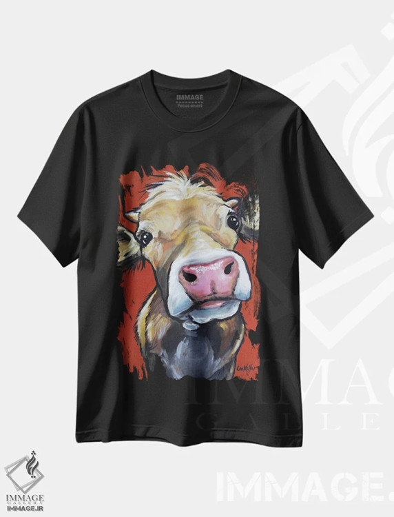 تیشرت مشکی طرح دار گاو، تزئینی اثر هیپی هاوند استودیوز | فروشگاه ایماژ