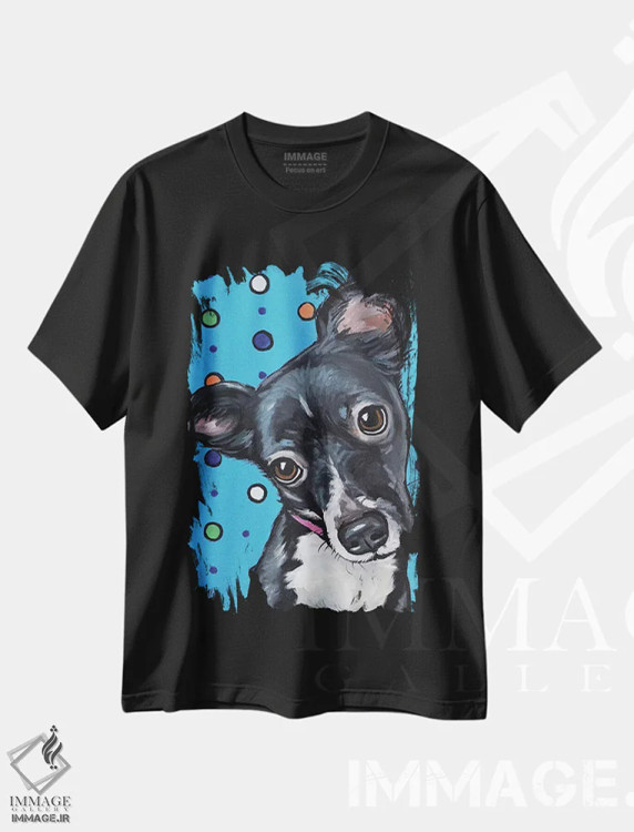 تیشرت مشکی طرح دار توله سگ نژاد مخلوط بامزه با زمینه خال خالی، مدیوم اثر هیپی هاوند استودیوز | immage.ir