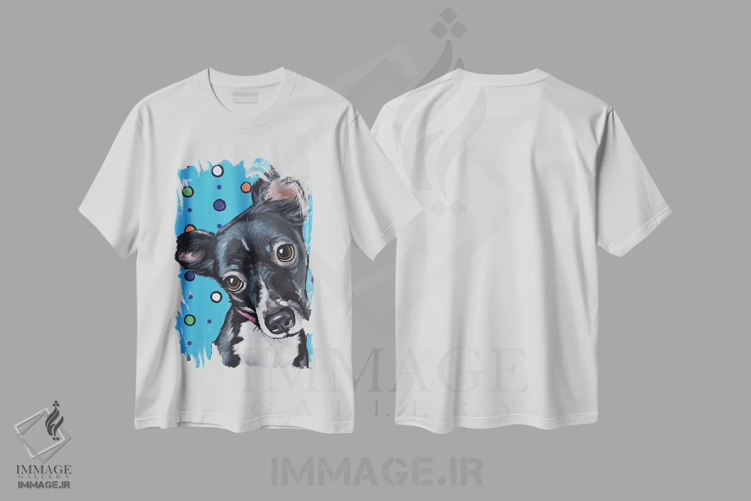 تیشرت سفید طرح دار توله سگ نژاد مخلوط بامزه با زمینه خال خالی، مدیوم اثر هیپی هاوند استودیوز | فروشگاه ایماژ