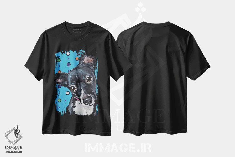تیشرت مشکی طرح دار توله سگ نژاد مخلوط بامزه با زمینه خال خالی، مدیوم اثر هیپی هاوند استودیوز | immage.ir