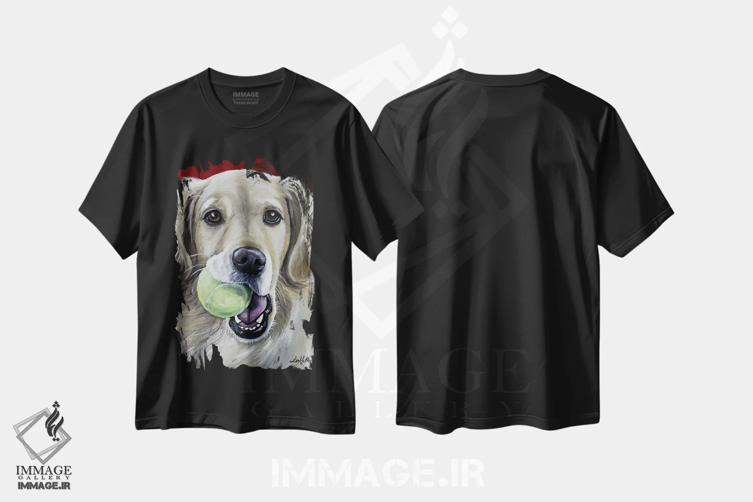 تیشرت مشکی طرح دار سوفی گلدن رتریور با توپ، مدیوم اثر هیپی هاوند استودیوز | immage.ir