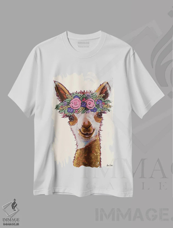 تیشرت سفید طرح دار روزی آلپاکا با گل، دکور معاصر اثر هیپی هاوند استودیوز | immage.ir