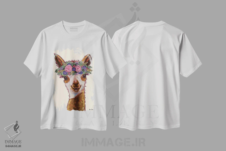 تیشرت سفید طرح دار روزی آلپاکا با گل، دکور معاصر اثر هیپی هاوند استودیوز | immage.ir