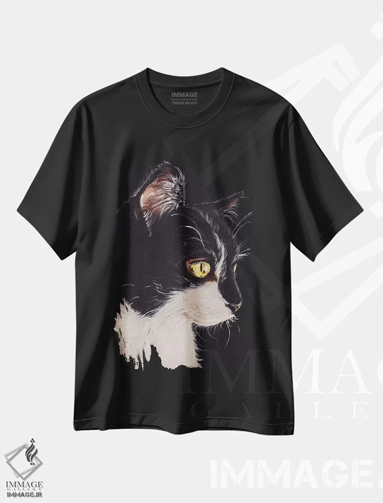 تیشرت مشکی طرح دار گربه تاکسیدو، دکور معاصر اثر هیپی هاوند استودیوز | فروشگاه ایماژ