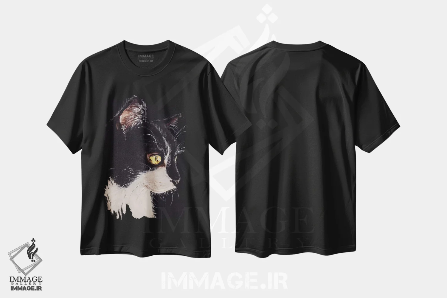 تیشرت مشکی طرح دار گربه تاکسیدو، دکور معاصر اثر هیپی هاوند استودیوز | فروشگاه ایماژ
