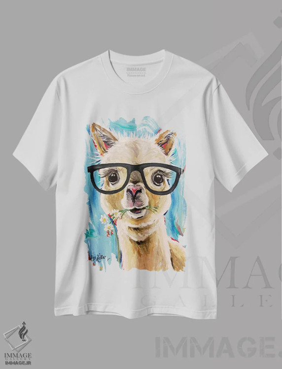 تیشرت سفید طرح دار آلپاکا با عینک، دکور معاصر اثر هیپی هاوند استودیوز | فروشگاه ایماژ