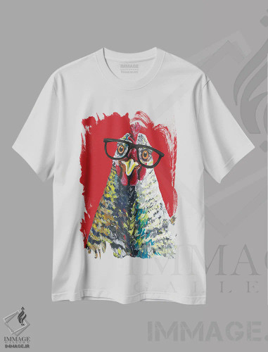 تیشرت سفید طرح دار مرغ ویلی مینا با عینک روی قرمز، دکور معاصر اثر هیپی هاوند استودیوز | فروشگاه ایماژ