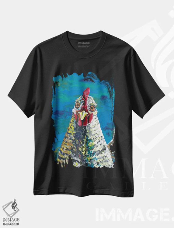 تیشرت مشکی طرح دار مرغ انبار رنگارنگ ویلیامینا، دکور معاصر اثر هیپی هاوند استودیوز | فروشگاه ایماژ