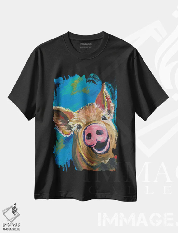 تیشرت مشکی طرح دار نقاشی خوک رنگارنگ، دکور معاصر اثر هیپی هاوند استودیوز | فروشگاه ایماژ