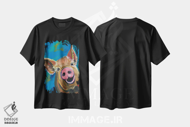 تیشرت مشکی طرح دار نقاشی خوک رنگارنگ، دکور معاصر اثر هیپی هاوند استودیوز | فروشگاه ایماژ