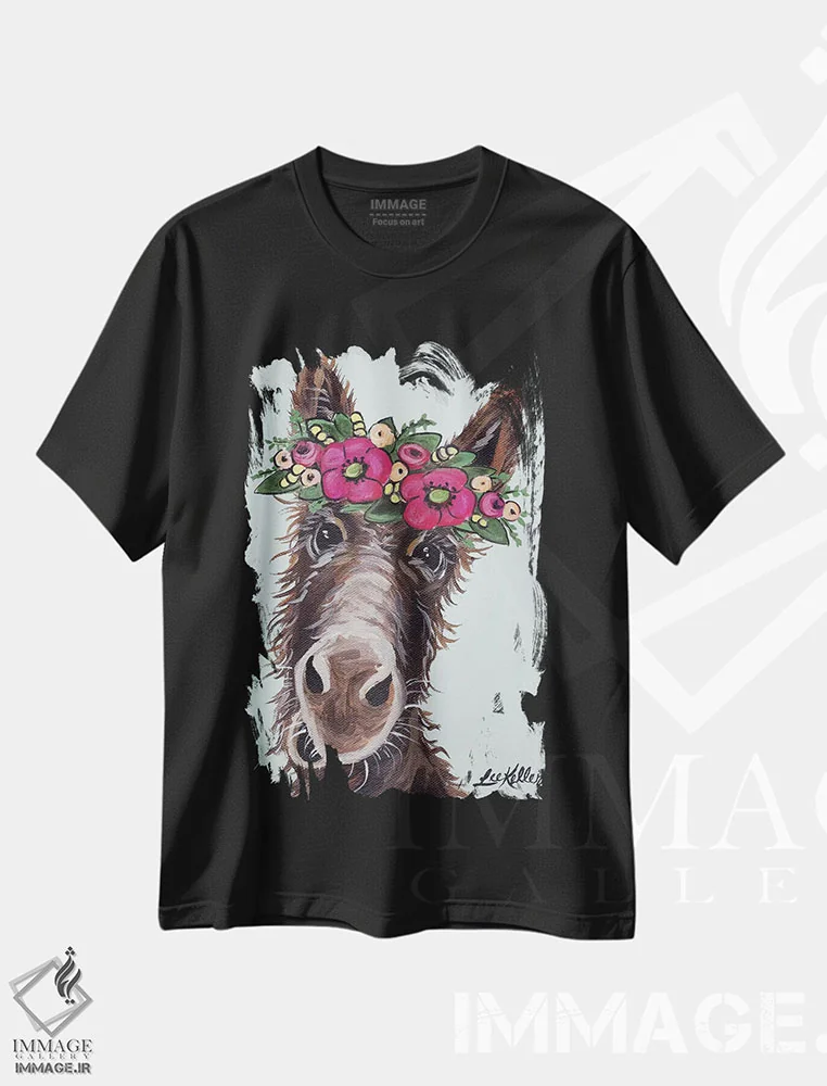 تیشرت مشکی طرح دار الاغ با گل های صورتی، دکور معاصر اثر هیپی هاوند استودیوز | فروشگاه ایماژ