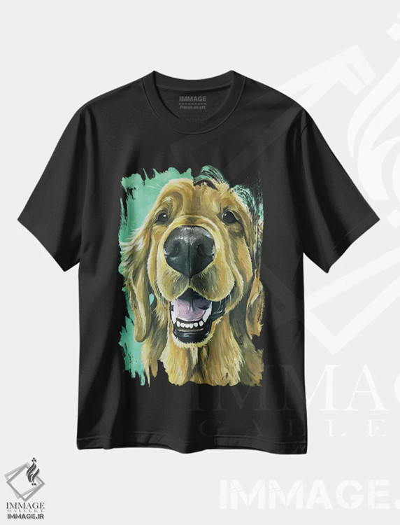 تیشرت مشکی طرح دار گلدن رتریور روی زمینه سبز، دکور معاصر اثر هیپی هاوند استودیوز | فروشگاه ایماژ